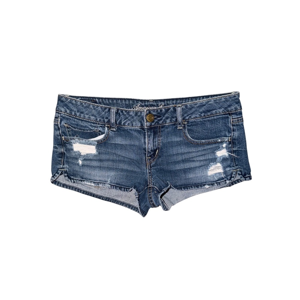 American Eagle Vtg Y2K Distressed Denim Shorts Medium Wash Low Rise Size 8 C3
